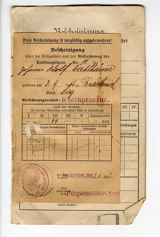 Versicherungsbesheinigung von J.A.Dahlhäuser aus dem Jahr 1912.